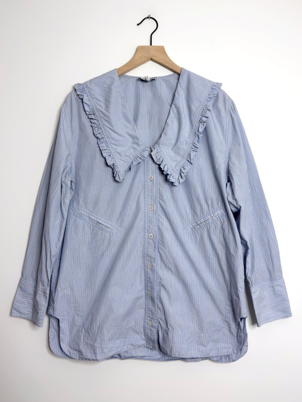 Ganni Striped Ruffle Collar Shirt